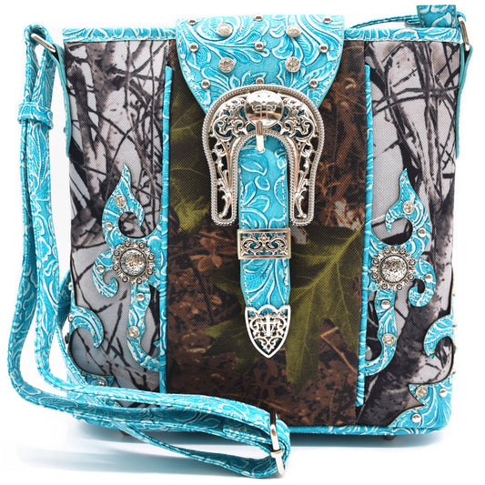 Camouflage Buckle Tooled Leather Women Crossbody bag