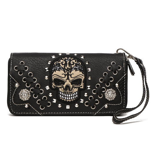 Gothic Skull Punk Studs Women Double Zipper Wallet