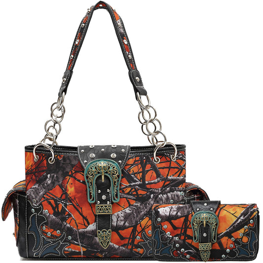 Camouflage Buckle Women Purse with Matching Wallet Set