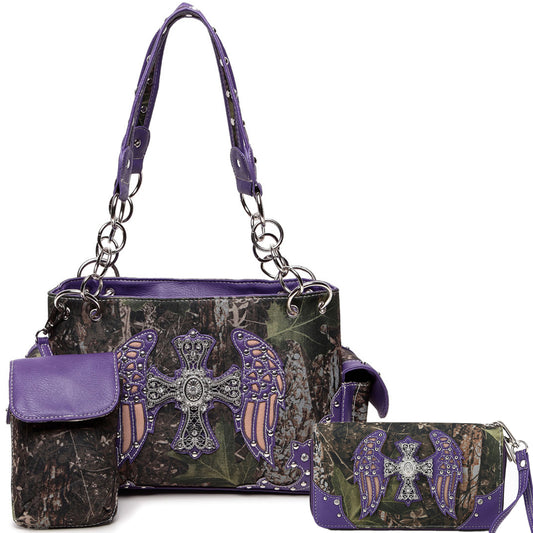 Camouflage Cross Wings Women Purse with Matching Wallet Set