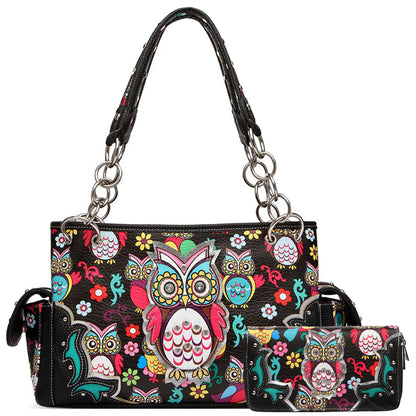 Colorful Owl Flower Women Purse with Matching Wallet Set