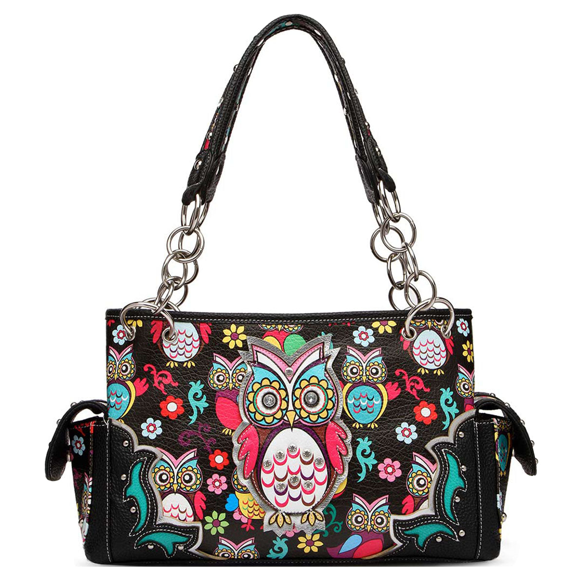 Colorful Owl Flower Women Purse with Matching Wallet Set