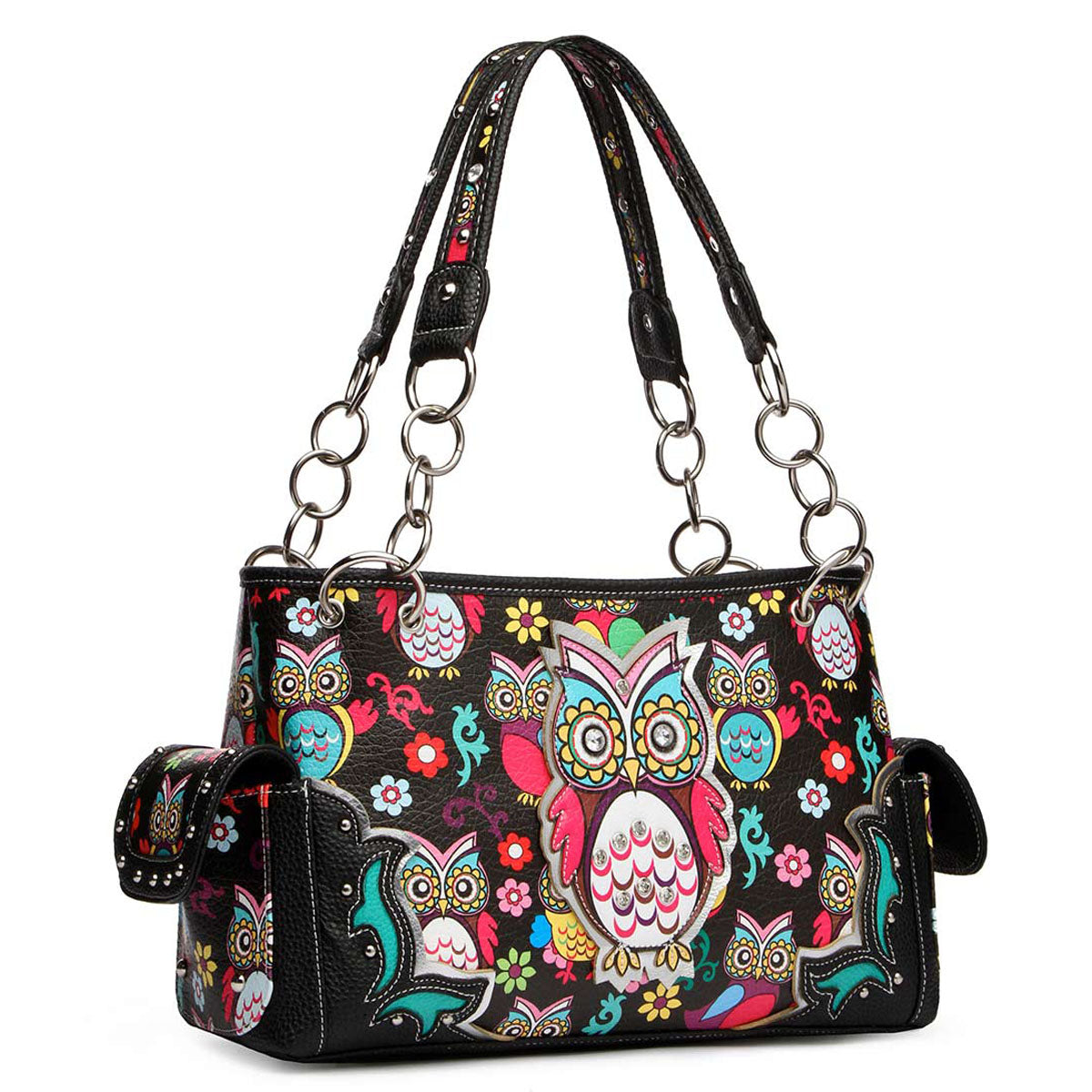 Colorful Owl Flower Women Purse with Matching Wallet Set