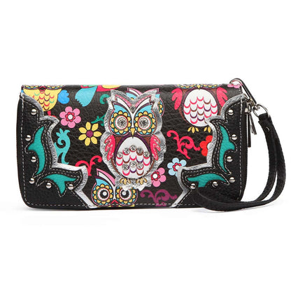 Colorful Owl Flower Women Purse with Matching Wallet Set