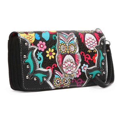 Colorful Owl Flower Women Purse with Matching Wallet Set