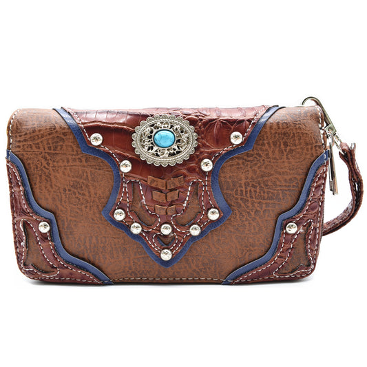 Western Style Conchos Studded Women Double Zipper Wallet