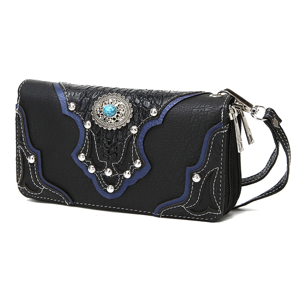 Western Style Conchos Studded Women Double Zipper Wallet