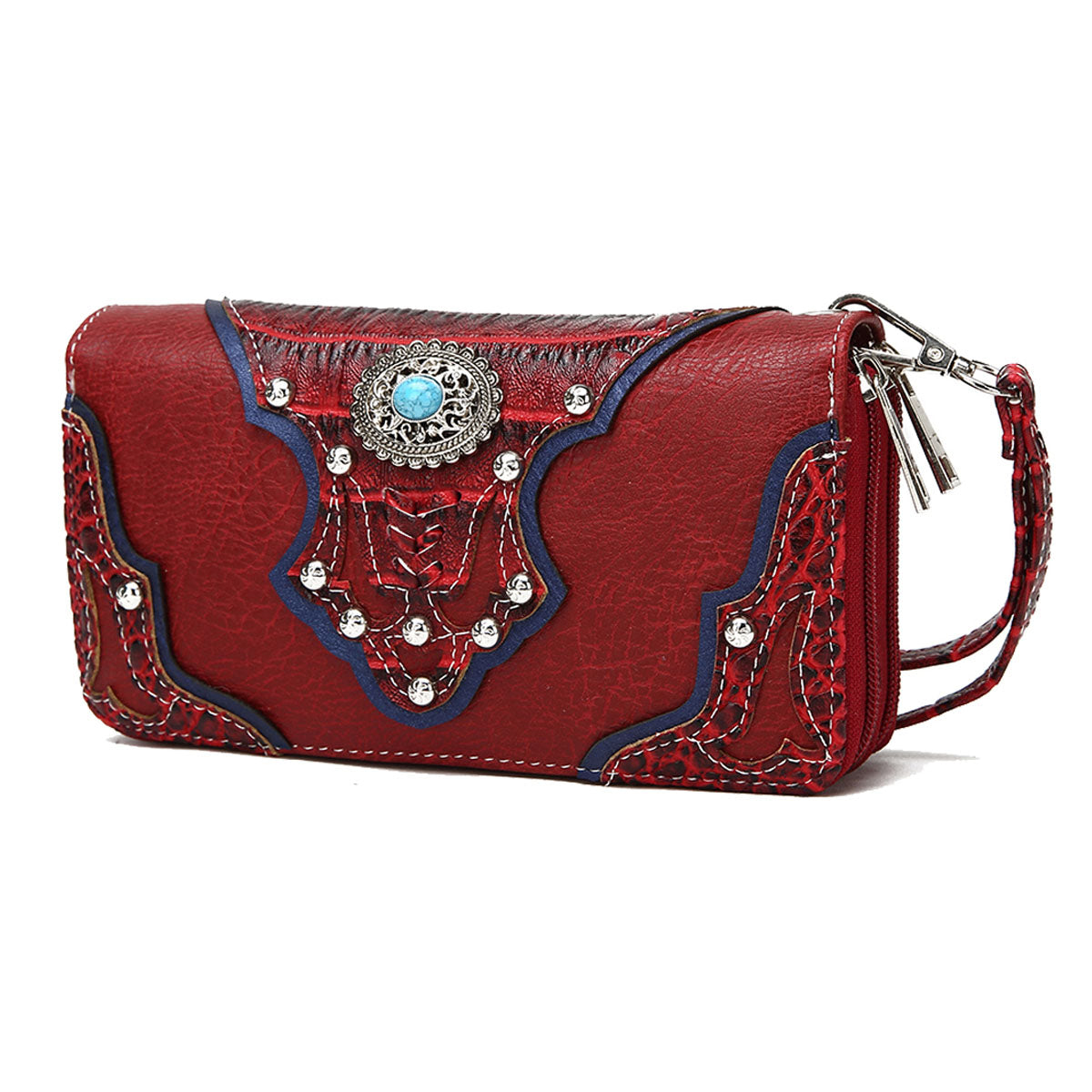 Western Style Conchos Studded Women Double Zipper Wallet