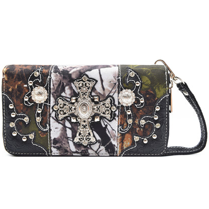 Camouflage Cross Studded Women Double Zipper Wallet