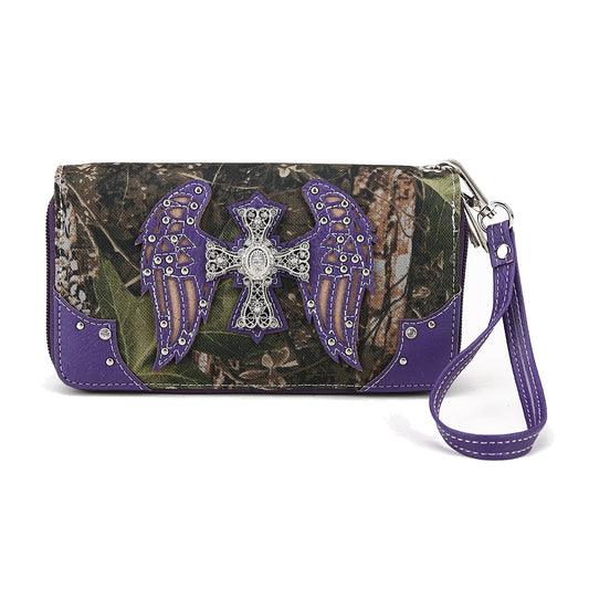 Camouflage Cross Wings Women Double Zipper Wallet