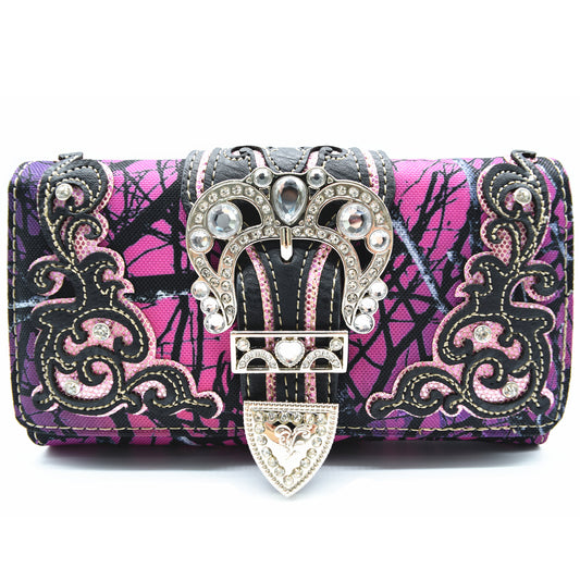 Camouflage Buckle Laser Cut Floral Western Style  Women Trifold Wallet