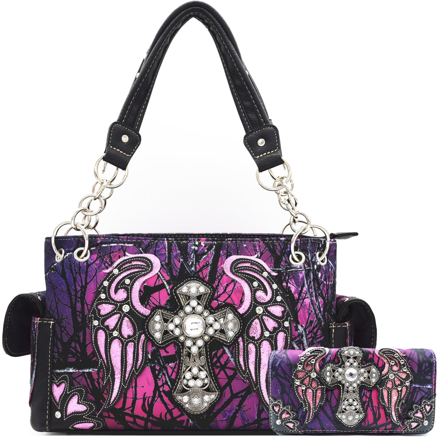 Camouflage Cross Purse Floral Shine Glow With Matching Wallet Set