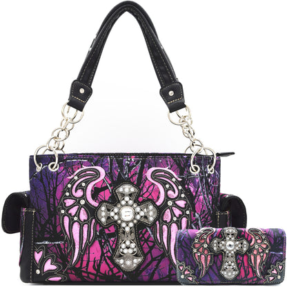 Camouflage Cross Purse Floral Shine Glow With Matching Wallet Set