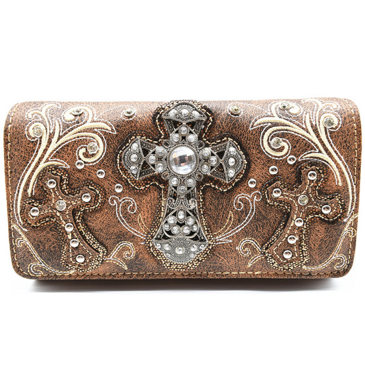 Western Style Cross Winged Tooled Leather Women Trifold Wallet